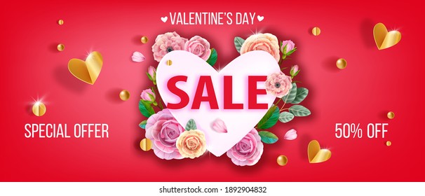 Happy Valentines Day special offer, love romantic discount, holiday sale web banner with heart, roses. Promotional flyer with pink flowers, green leaves on red background. Valentines Day sale banner