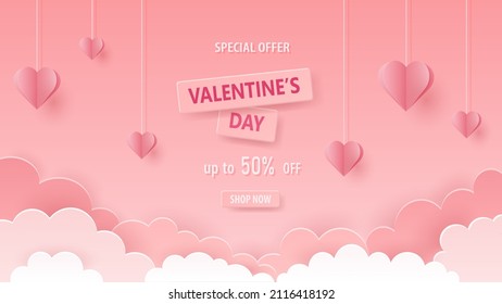 Happy valentines day special offer greeting background in papercut style paper clouds flying pink paper hearts. Vector illustration