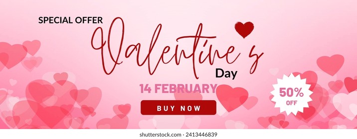 Happy Valentine's Day Special Offer Poster or banner and valentine elements on pink background. Promotion and shopping template for special offer and fifty percent off Valentine's day
