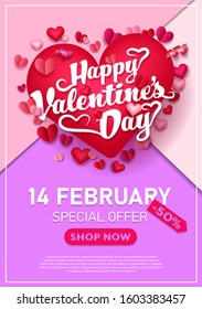 Happy Valentine's Day - special poster, voucher, banner, discount, flyer with calligraphy text on sweet heart. Shopping card template. Love and Valentine's Day concept. Vector Illustration. EPS 10.