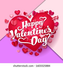 Happy Valentine's Day - special voucher, poster, banner, flyer, discount design with calligraphy text on lovely heart decorations. Vector Illustration. EPS 10. Special for couples.