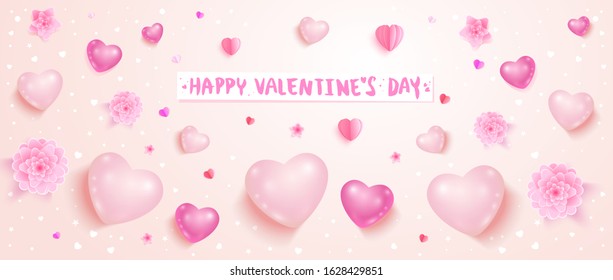 Happy Valentine's day. Spring background with hearts and flowers in pink color. Vector illustration.