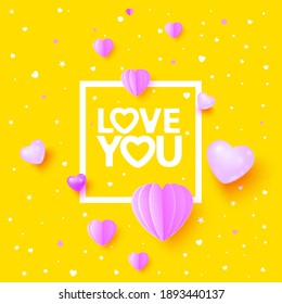 Happy Valentine's day. Spring background with hearts and Love You text on yellow background. Vector illustration.