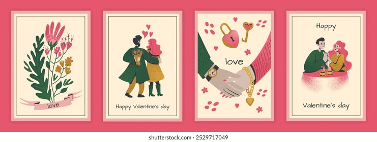 Happy Valentines day. Spring holiday card or poster collection. Romantic relationships, couple hugging. Botanical decor. Man and woman in cafe on date. Vector cartoon flat style isolated illustration