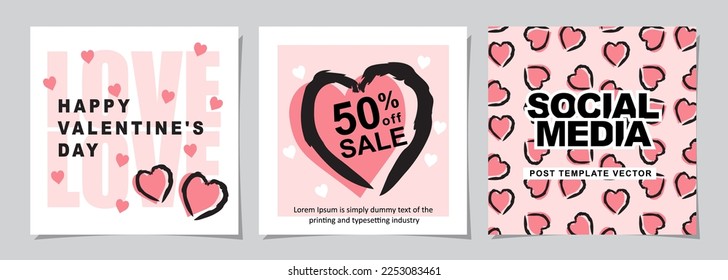 Happy Valentines Day square banner for social media posts, mobile apps, banners, digital marketing, sales promotion and website ads. Vector backgrounds, geometric style with hearts pattern.