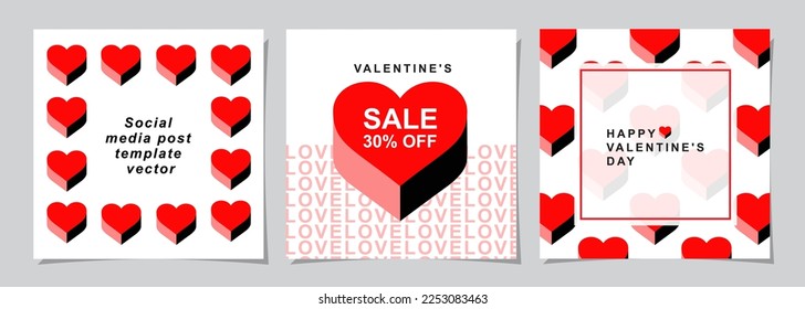 Happy Valentines Day square banner for social media posts, mobile apps, banners, digital marketing, sales promotion and website ads. Vector backgrounds, geometric style with hearts pattern.