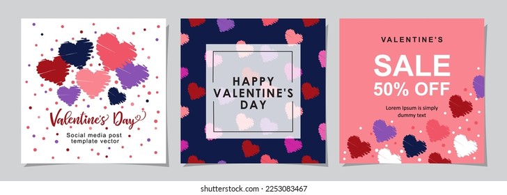 Happy Valentines Day square banner for social media posts, mobile apps, banners, digital marketing, sales promotion and website ads. Vector backgrounds, geometric style with hearts pattern.