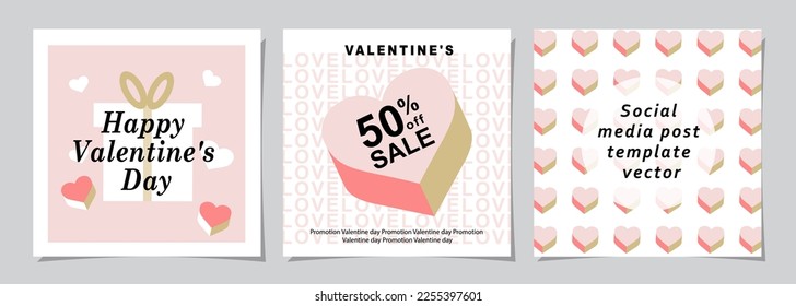 Happy Valentines Day square banner for social media posts, mobile apps, banners, digital marketing, 
sales promotion and website ads. Vector backgrounds, geometric style with hearts pattern.
