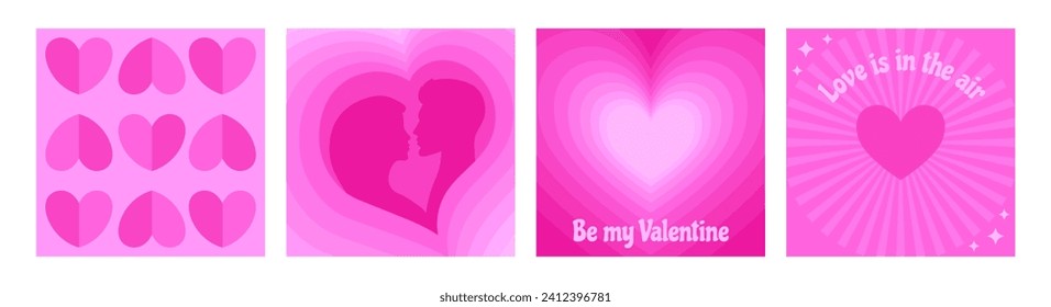 Happy Valentine's Day square banner designs set. Vector templates for celebration, card or social media post. Be my Valentine text on background with human couple and cutout pink hearts decoration