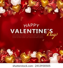 Happy Valentines Day square banner with 3d colorful hearts frame and realistic confetti ribbons. Greeting card or romantic invitation with glossy hearts border, streamers and highlights in heart shape