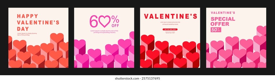 Happy Valentine's Day square banner for social media posts, poster, banners, digital marketing, sales promotion and website ads. Vector backgrounds, geometric style with hearts pattern.