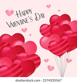 Happy Valentines Day square card. February 14 cute hearts romantic vector illustration. Valentine greeting card design. Tied festive helium red heart shaped balloons bunch.