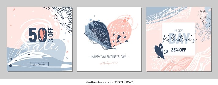 Happy Valentine's Day square greeting cards on February 14th. Trendy abstract art templates. Sale and discount banners set. For social media publishing, mobile applications, printing, banner design 