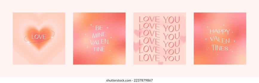 Happy Valentine's Day square greeting cards. Trendy gradients, blurred shapes, typography, y2k. Social media stories templates. Vector illustration for mobile apps, banner design and web ads.