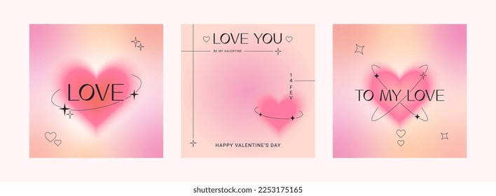 Felices tarjetas de felicitación cuadradas del Día de San Valentín. Gradientes de moda, formas borrosas, tipografía, y2k. Plantillas de historias de medios sociales. Ilustración vectorial para aplicaciones móviles, diseño de banners y anuncios web.