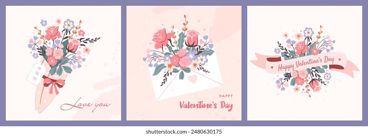 Happy Valentine's Day.Set of square greeting cards.Envelope with flowers, bouquet, ribbon with text.Flat vector illustration