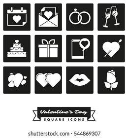 Happy Valentines Day Square Icon set. Collection of twelve Valentines Day, Love and Romance related square black icons