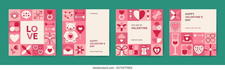 Happy Valentine's Day square Poster set with holiday simple icons, hearts, flower in modern geometric style. Trendy template for greeting card, banner, cover. Bear, letter gift eye glass ring cup