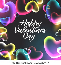 Happy Valentines Day square poster, banner with transparent glowing gradient hearts frame. Vector holiday illustration. Romantic abstract trendy design template