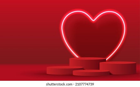 Feliz día de San Valentín y podio escénico decorado con iluminación de forma cardiaca. escena peatonal con para productos, cosméticos, publicidad, espectáculo, ceremonia de premiación, sobre fondo rojo. diseño vectorial.