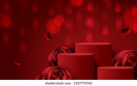 Happy valentines day and stage podium decorated with rose. pedestal scene with for product, cosmetic, advertising, show, award ceremony, on red background. vector design.