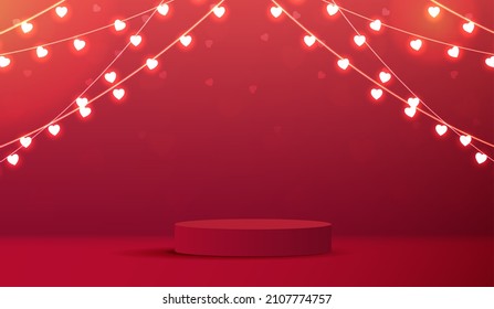 Happy valentines day and stage podium decorated with heart shape lighting. pedestal scene with for product, cosmetic, advertising, show, award ceremony, on red background. vector design.