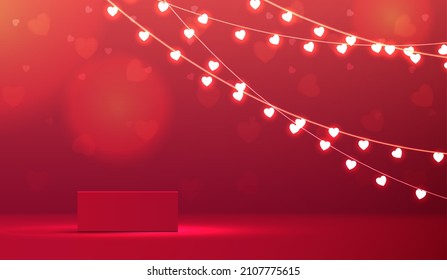 Feliz día de San Valentín y podio escénico decorado con iluminación de forma cardiaca. escena peatonal con para productos, cosméticos, publicidad, espectáculo, ceremonia de premiación, sobre fondo rojo. diseño vectorial.