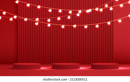 Happy valentines day and stage podium decorated with heart shape lighting. pedestal scene with for product, cosmetic, advertising, show, award ceremony, on red background. vector design.