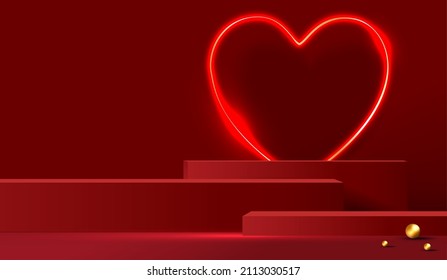 Happy valentines day and stage podium decorated with heart shape lighting. pedestal scene with for product, cosmetic, advertising, show, award ceremony, on red background. vector design.