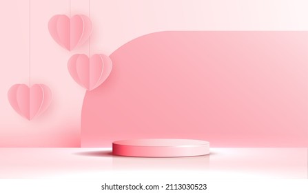 Happy valentines day and stage podium decorated with heart shape lighting. pedestal scene with for product, cosmetic, advertising, show, award ceremony, on pink background. vector design.