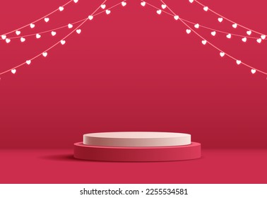 Happy valentines day and stage podium decorated with heart shape lighting. pedestal scene with for product, cosmetic, advertising, show, award ceremony, on pink background. vector design.