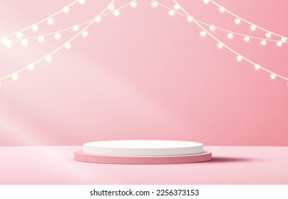 Feliz día de San Valentín y podio escénico decorado con iluminación de forma cardiaca. escena peatonal con para producto, cosmética, publicidad, espectáculo, ceremonia de premiación, sobre fondo rosa. diseño vectorial.