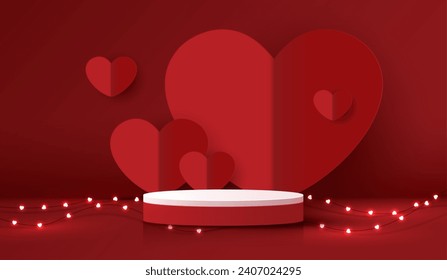 Feliz día de San Valentín y podio escénico decorado con iluminación de forma cardiaca. escena peatonal con para productos, cosméticos, publicidad, espectáculo, ceremonia de premiación, sobre fondo rojo. diseño vectorial.