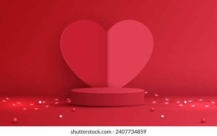 Happy valentines day and stage podium decorated with heart shape lighting. pedestal scene with for product, cosmetic, advertising, show, award ceremony, on red background and light. vector design.