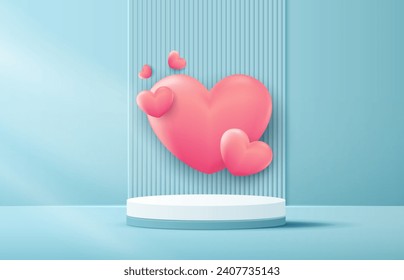Happy valentines day and stage podium decorated with heart shape lighting. pedestal scene with for product, cosmetic, advertising, show, award ceremony, on blue background. vector design.