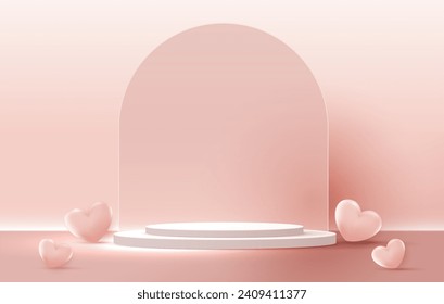 Happy valentines day and stage podium decorated with heart shape. pedestal scene with for product, cosmetic, advertising, show, award ceremony, on pink background and light. vector design.