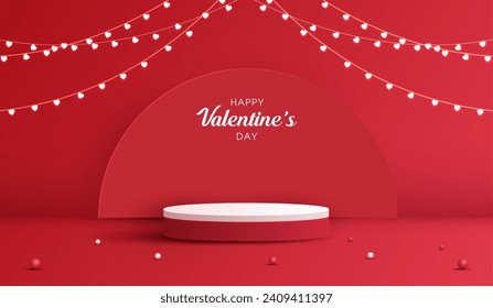 Happy valentines day and stage podium decorated with heart shape lighting. pedestal scene with for product, cosmetic, advertising, show, award ceremony, on red background and light. vector design.