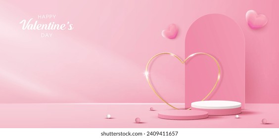 Feliz día de San Valentín y podio escénico decorado con forma de corazón. escena peatonal con para productos, cosméticos, publicidad, espectáculo, ceremonia de premiación, sobre fondo rosa y luz. diseño vectorial.