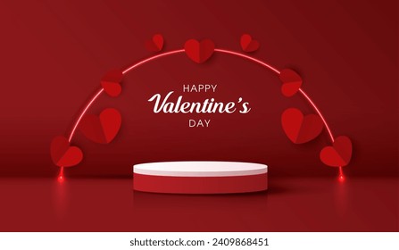 Happy valentines day and stage podium decorated with heart shape. pedestal scene with for product, cosmetic, advertising, show, award ceremony, on red background and light. vector design.