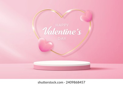 Feliz día de San Valentín y podio escénico decorado con forma de corazón. escena peatonal con para productos, cosméticos, publicidad, espectáculo, ceremonia de premiación, sobre fondo rosa y luz. diseño vectorial.