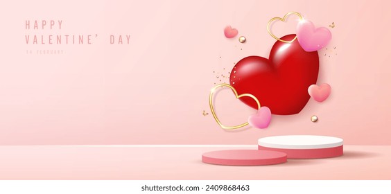 Happy valentines day and stage podium decorated with heart shape. pedestal scene with for product, cosmetic, advertising, show, award ceremony, on pink background and light. vector design.