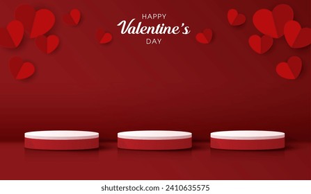 Feliz día de San Valentín y podio escénico decorado con forma de corazón. escena peatonal con para productos, cosméticos, publicidad, espectáculo, ceremonia de premiación, sobre fondo rojo y luz. diseño vectorial.