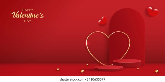 Happy Valentinstag und Bühnenpodium mit Herzform dekoriert. Modeszene mit Produkten, Kosmetik, Werbung, Show, Preisverleihung, auf rotem Hintergrund und Licht. Vektordesign.