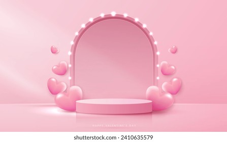 Happy valentines day and stage podium decorated with heart shape. pedestal scene with for product, cosmetic, advertising, show, award ceremony, on pink background and light. vector design.