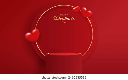 Happy valentines day and stage podium decorated with heart shape. pedestal scene with for product, cosmetic, advertising, show, award ceremony, on red background and light. vector design.