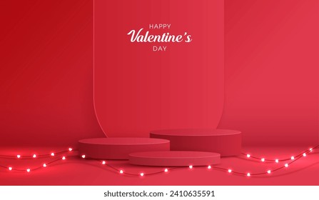 Happy valentines day and stage podium decorated with heart shape. pedestal scene with for product, cosmetic, advertising, show, award ceremony, on red background and light. vector design.