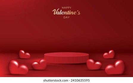 Feliz día de San Valentín y podio escénico decorado con forma de corazón. escena peatonal con para productos, cosméticos, publicidad, espectáculo, ceremonia de premiación, sobre fondo rojo y luz. diseño vectorial.