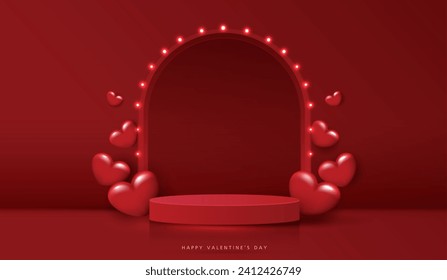 Feliz día de San Valentín y podio escénico decorado con forma de corazón. escena peatonal con para productos, cosméticos, publicidad, espectáculo, ceremonia de premiación, sobre fondo rojo y luz. diseño vectorial.