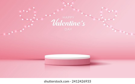 Happy valentines day and stage podium decorated with heart shape. pedestal scene with for product, cosmetic, advertising, show, award ceremony, on pink background and light. vector design.