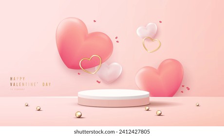 Happy valentines day and stage podium decorated with heart shape. pedestal scene with for product, cosmetic, advertising, show, award ceremony, on pink background and light. vector design.